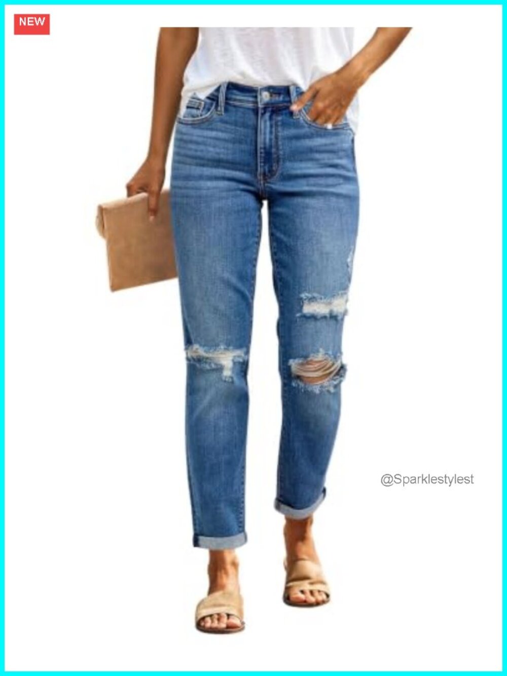 KUNMI Boyfriend Ripped Mid Waisted Distressed Stretchy Jeans